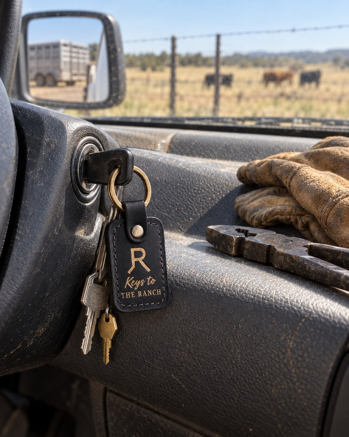 Black Keys to THE RANCH keychain with a gold brand hanging from the ignition key of a ranch pickup, work gloves and fence pliers on the dash