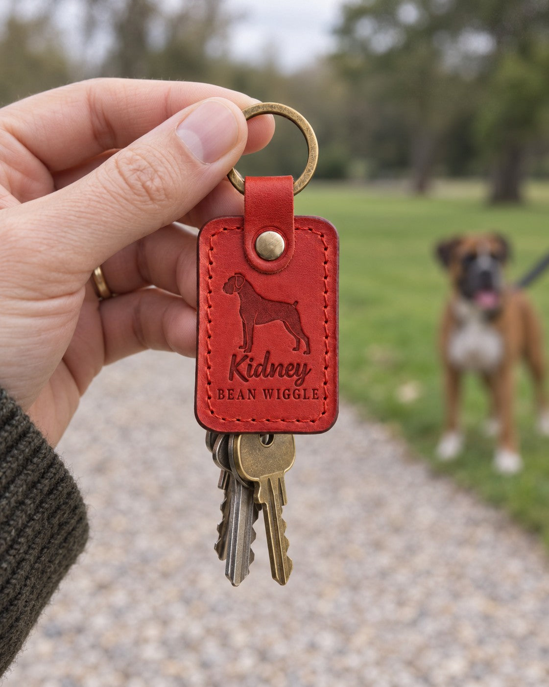 Poppy red Kidney Bean Wiggle leather keychain placed in a warm everyday setting