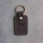 Dark espresso leather keychain debossed with a Labrador Retriever silhouette above Best friend and THE LAB, on gray concrete
