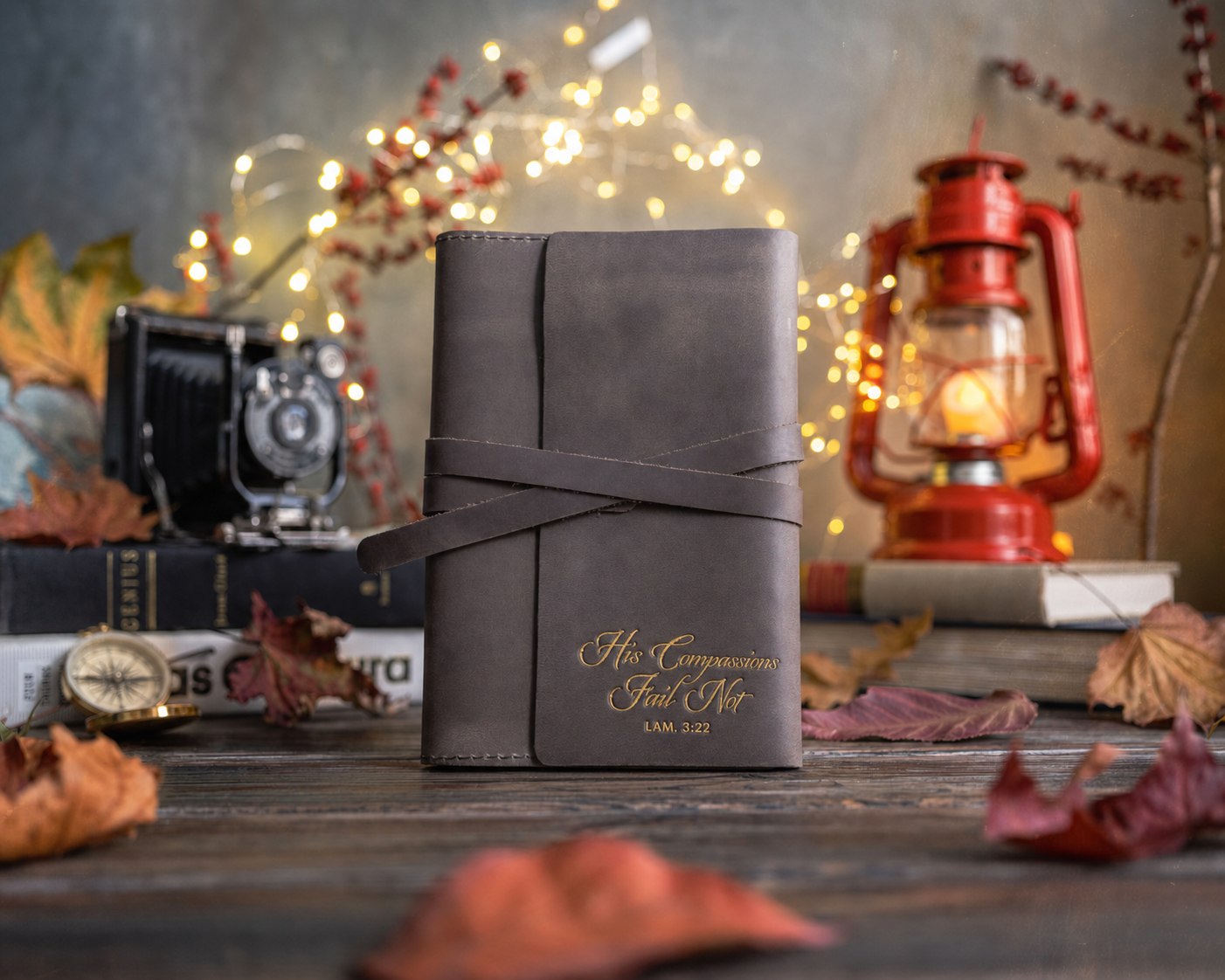 His Compassions Fail Not Lam. 3:22 Country Gray handcrafted leather journal, Christian scripture gift