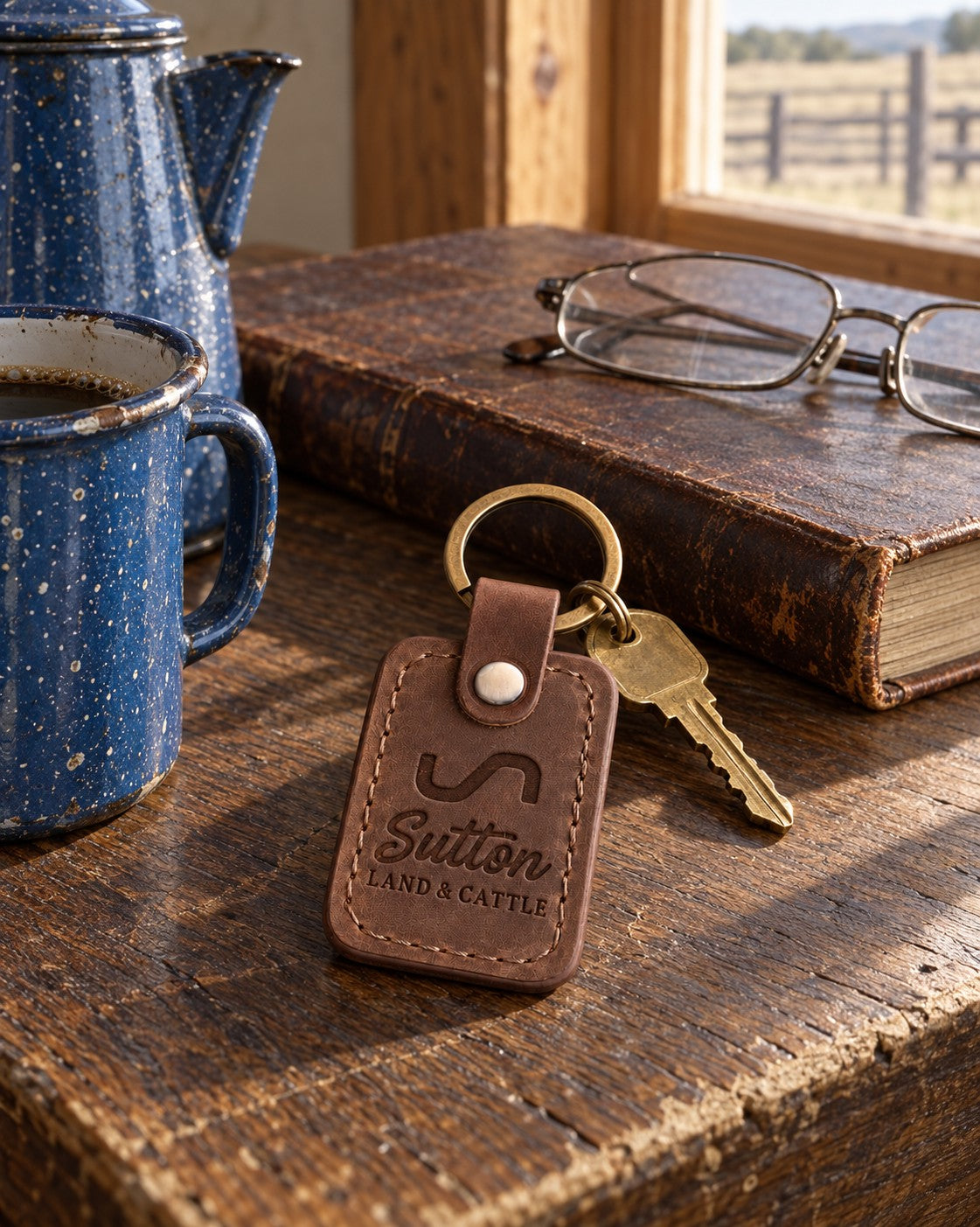 Sutton LAND & CATTLE keychain in Sicilian brown leather on a ranch house kitchen table beside an enamel coffee pot