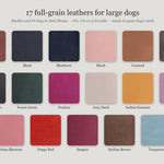 The 17 full-grain leather colors for the large dog collar, from Arizona and Black to Sicilian Brown and Turquoise