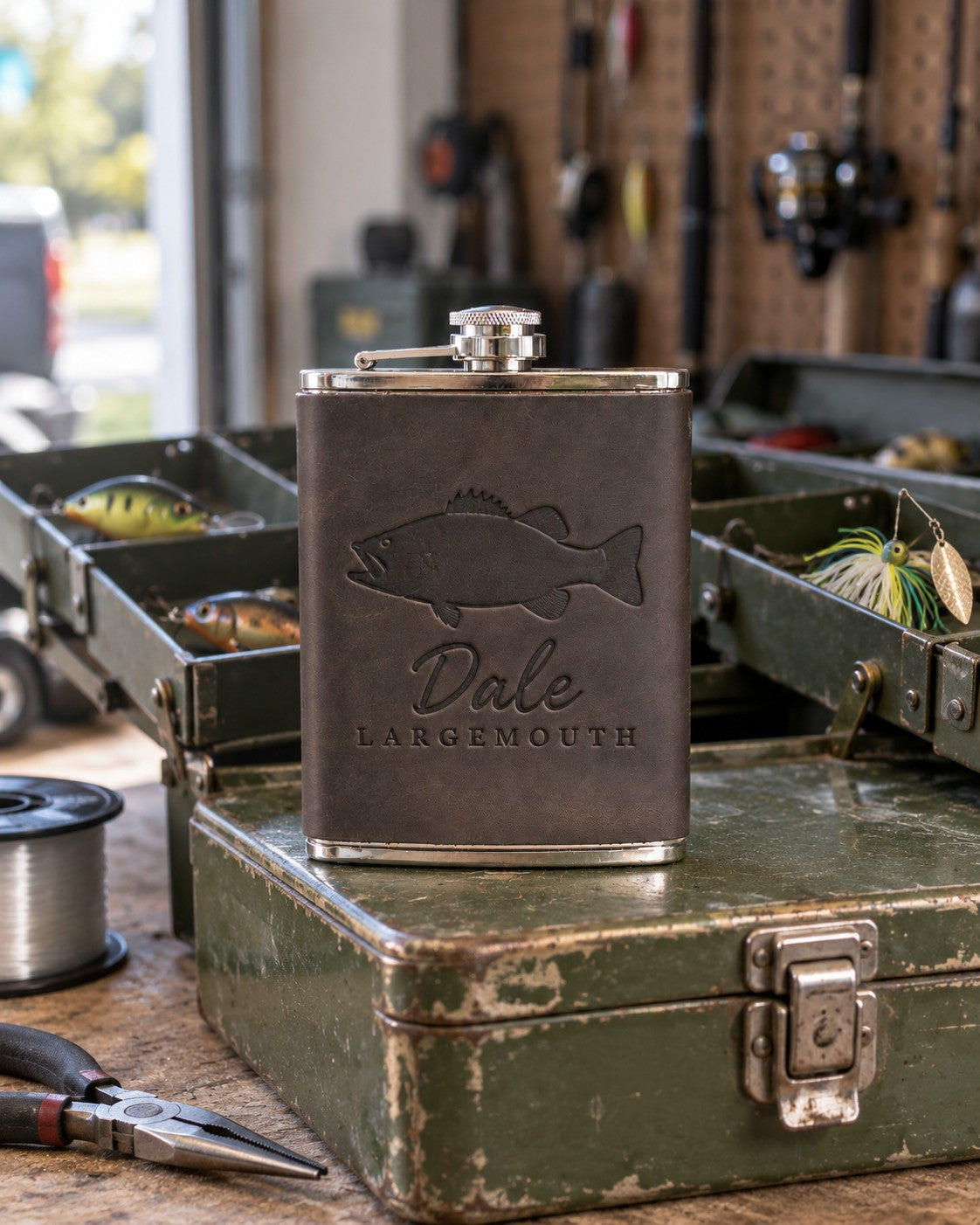 Dark espresso Dale LARGEMOUTH hip flask in full-grain leather on the lid of an olive-green steel tackle box in a garage, lures in the trays behind