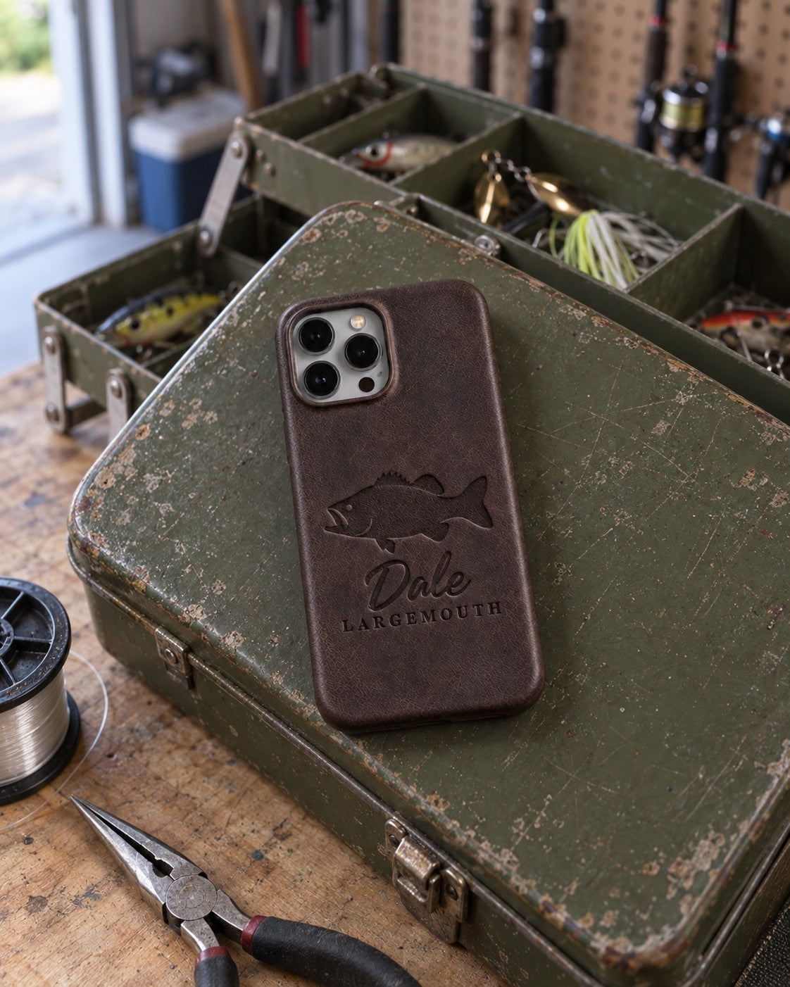 Dark espresso Dale LARGEMOUTH iPhone case in full-grain leather on the lid of an olive-green steel tackle box in a garage, lures in the trays behind