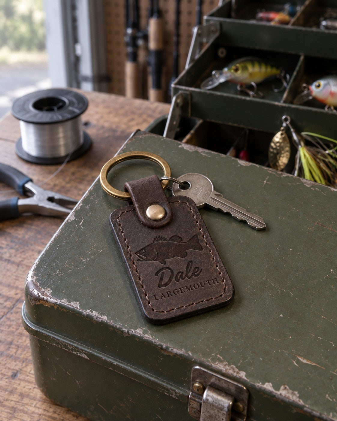Dark espresso Dale LARGEMOUTH keychain in full-grain leather on the lid of an olive-green steel tackle box in a garage, lures in the trays behind