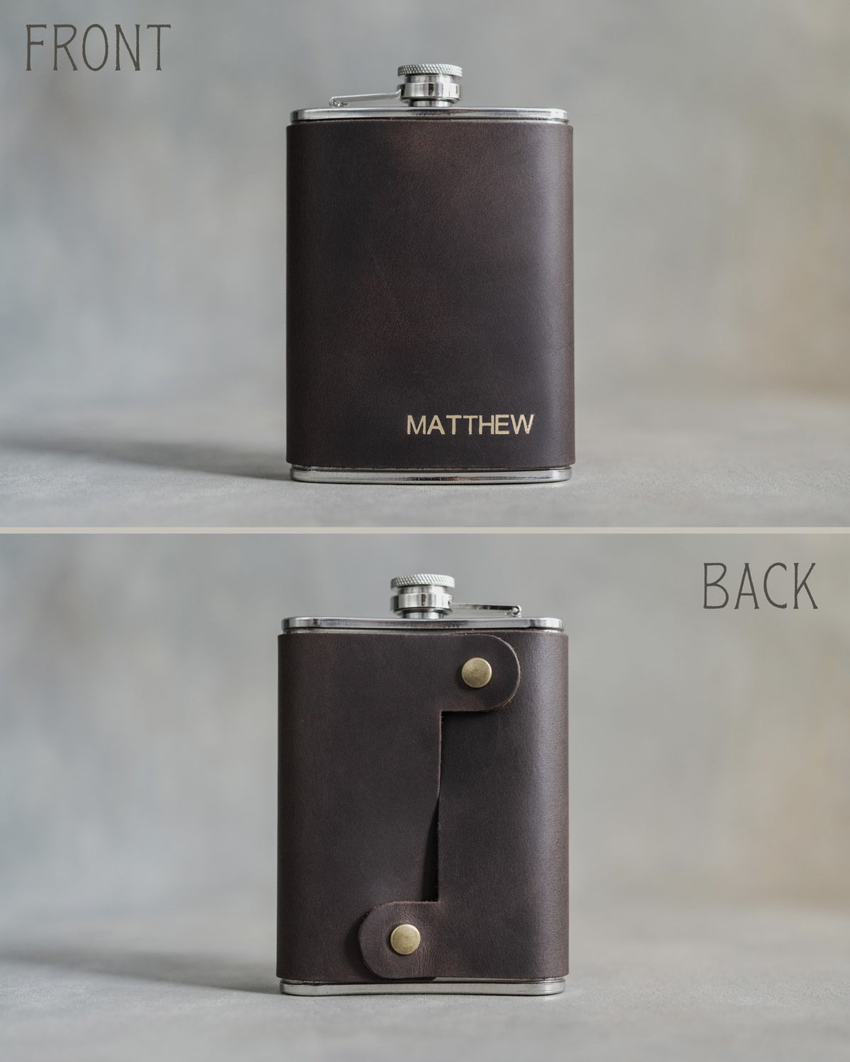 Front and back of a leather hip flask: the name stamped on the front, the snap strap closing the leather on the back