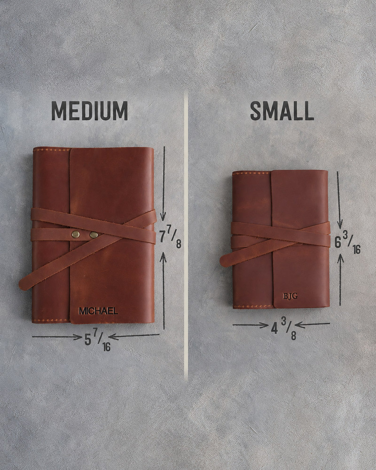 Leather journal size chart: Medium 5 7/16 × 7 7/8 in and Small 4 3/8 × 6 3/16 in