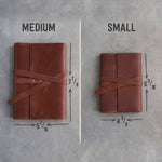 Leather journal size chart: Medium 5 7/16 × 7 7/8 in and Small 4 3/8 × 6 3/16 in