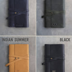 Leather journals in Blueberry, Forest Green, Indian Summer and Black on grey plaster