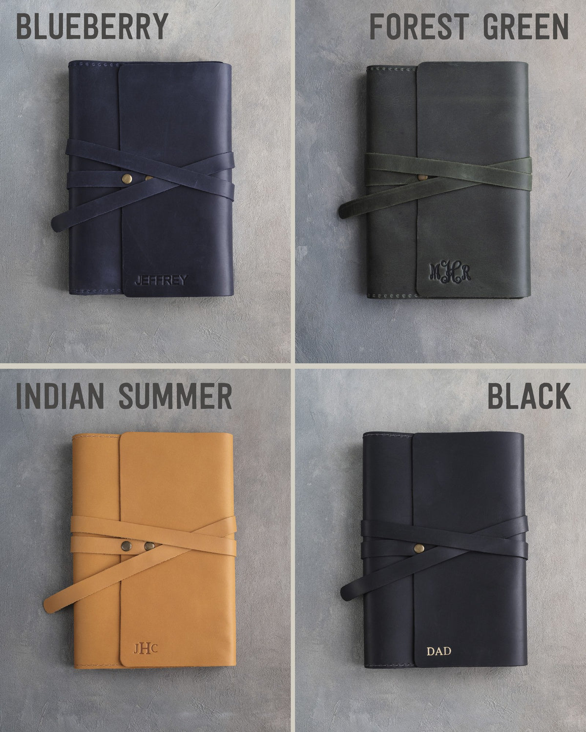 Leather journals in Blueberry, Forest Green, Indian Summer and Black on grey plaster