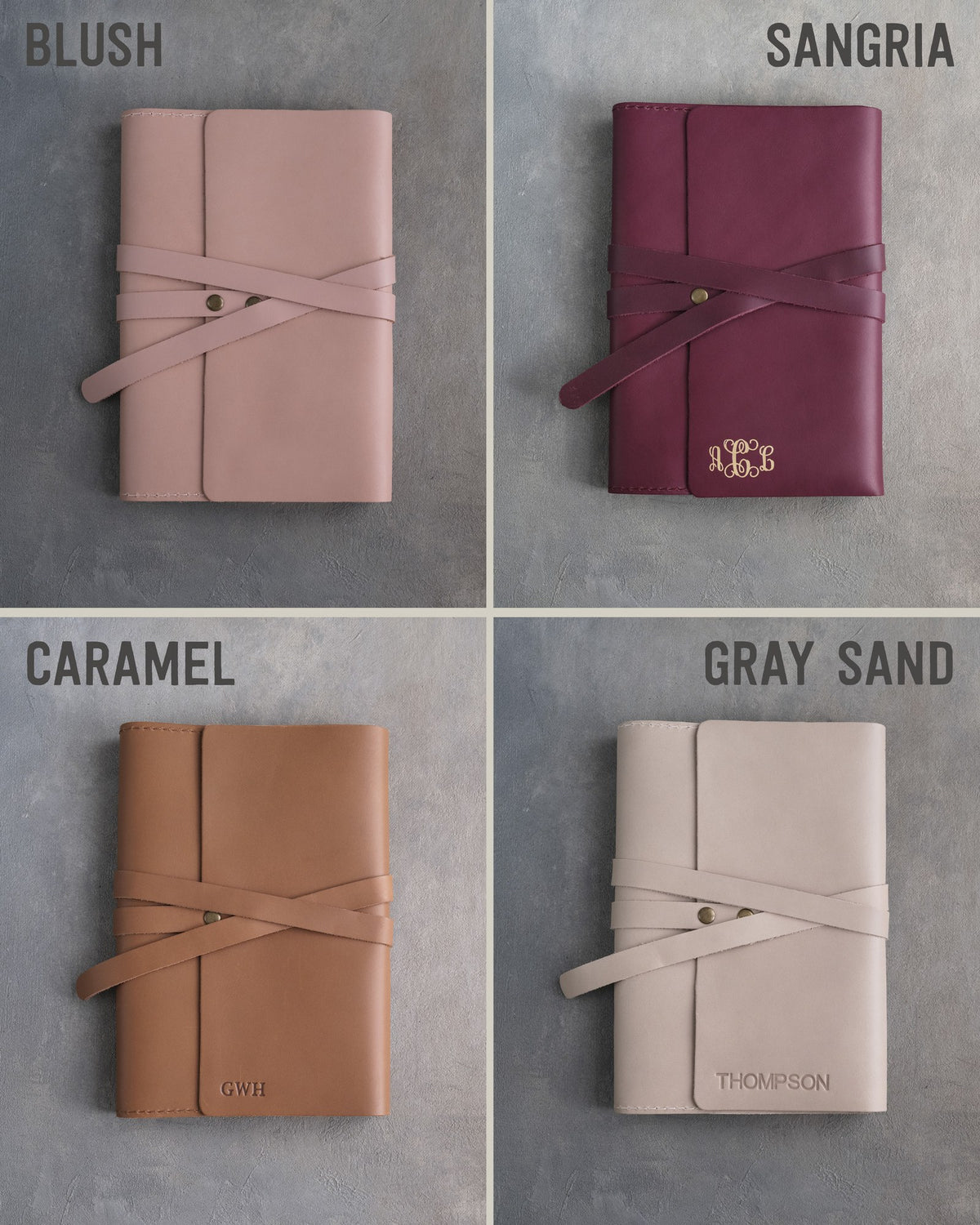 Leather journals in Blush, Sangria, Caramel and Gray Sand on grey plaster