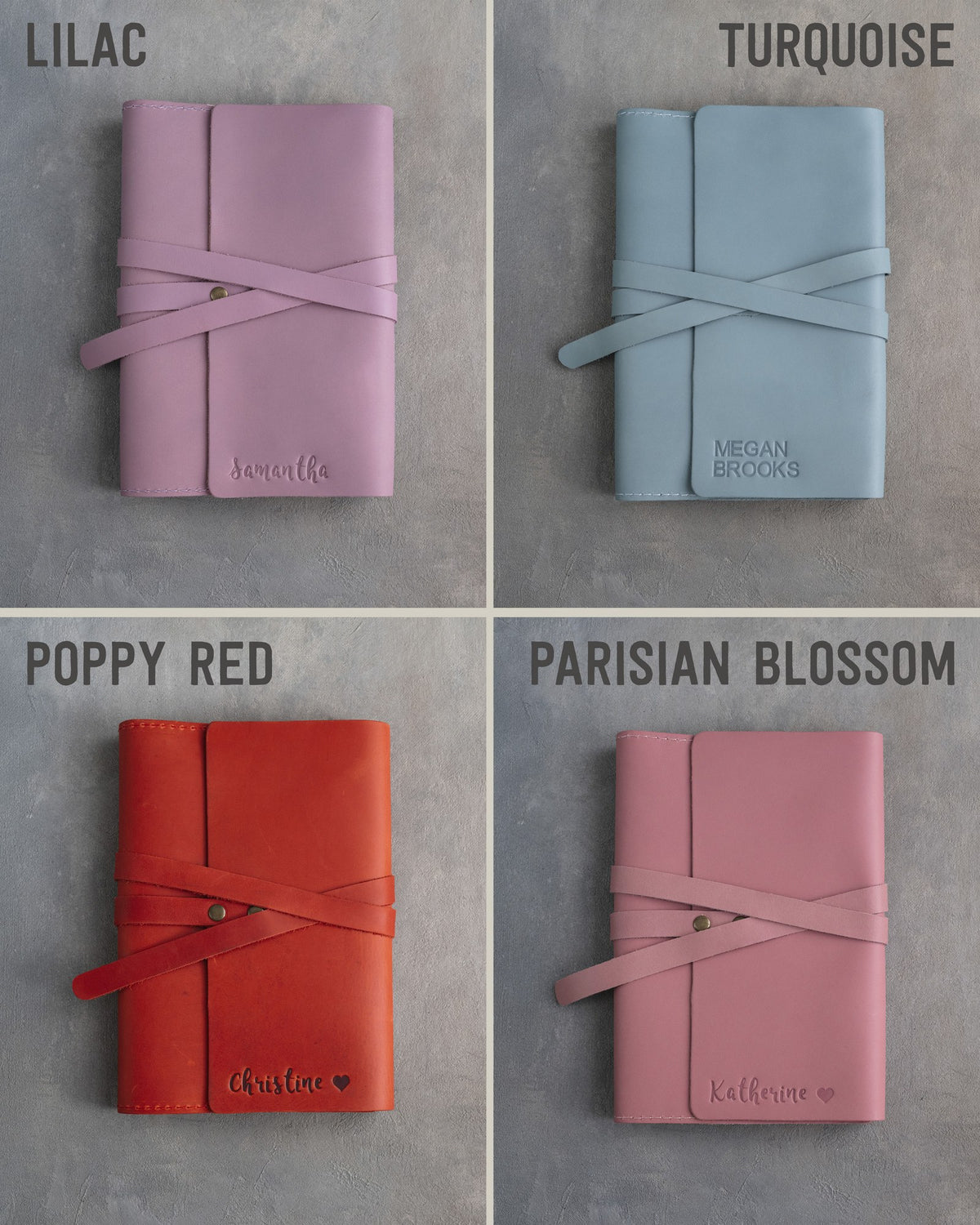 Leather journals in Lilac, Turquoise, Poppy Red and Parisian Blossom on grey plaster
