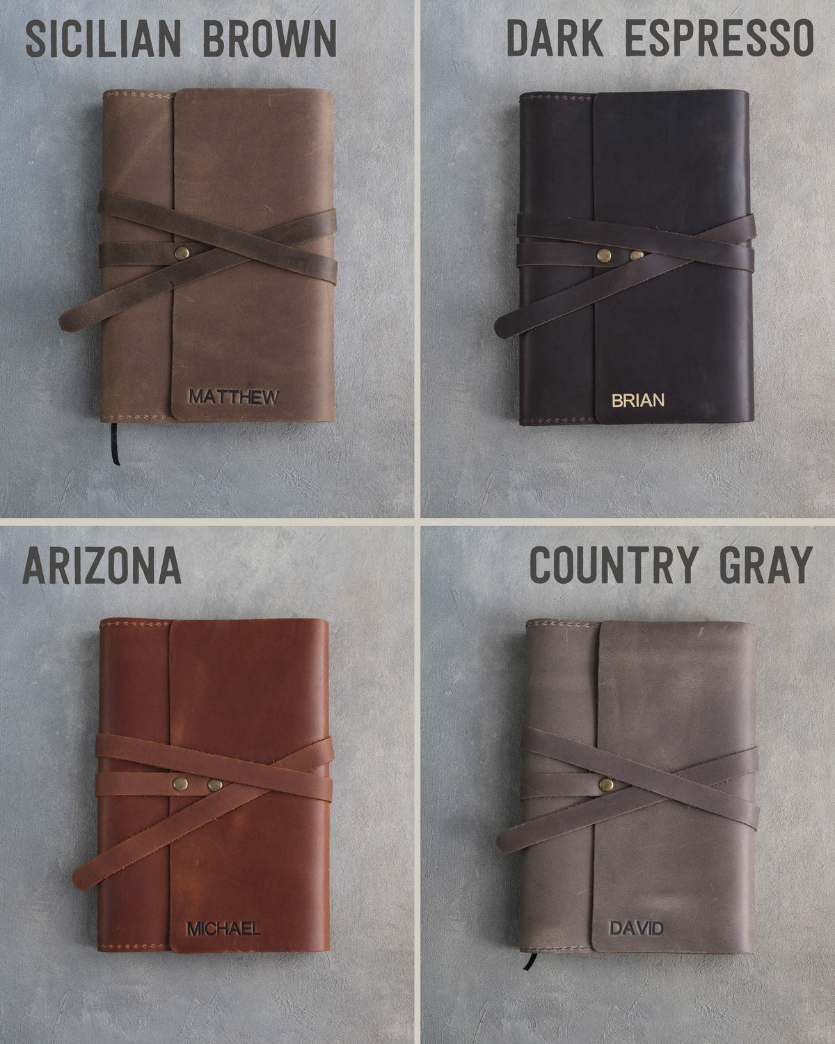 Leather journals in Sicilian Brown, Dark Espresso, Arizona and Country Gray on grey plaster