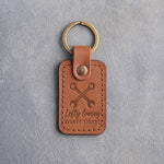 Caramel leather keychain debossed with crossed wrenches above the words Lefty loosey and RIGHTY TIGHTY, on gray plaster