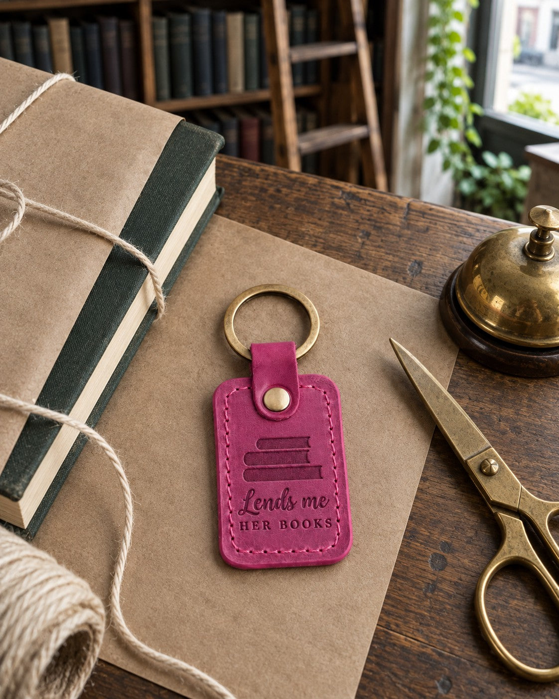 Bright pink Lends me HER BOOKS keychain on kraft paper beside a book half wrapped with cotton string