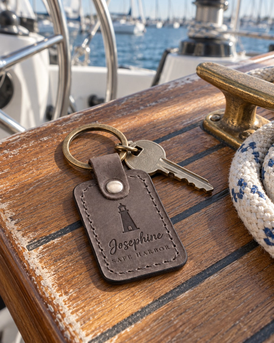 Country Gray Josephine SAFE HARBOR keychain in full-grain leather on the worn teak cockpit table of a sailboat beside a coiled white dock line