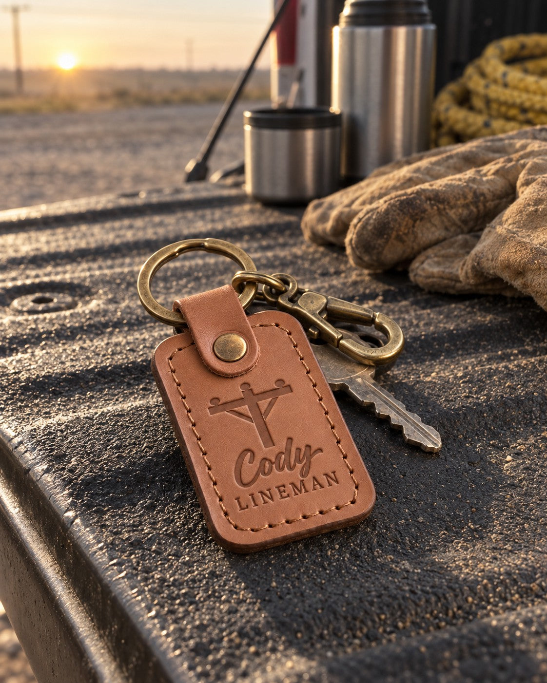 Cody Lineman keychain in caramel leather on bucket truck keys resting on a pair of leather climbing gloves