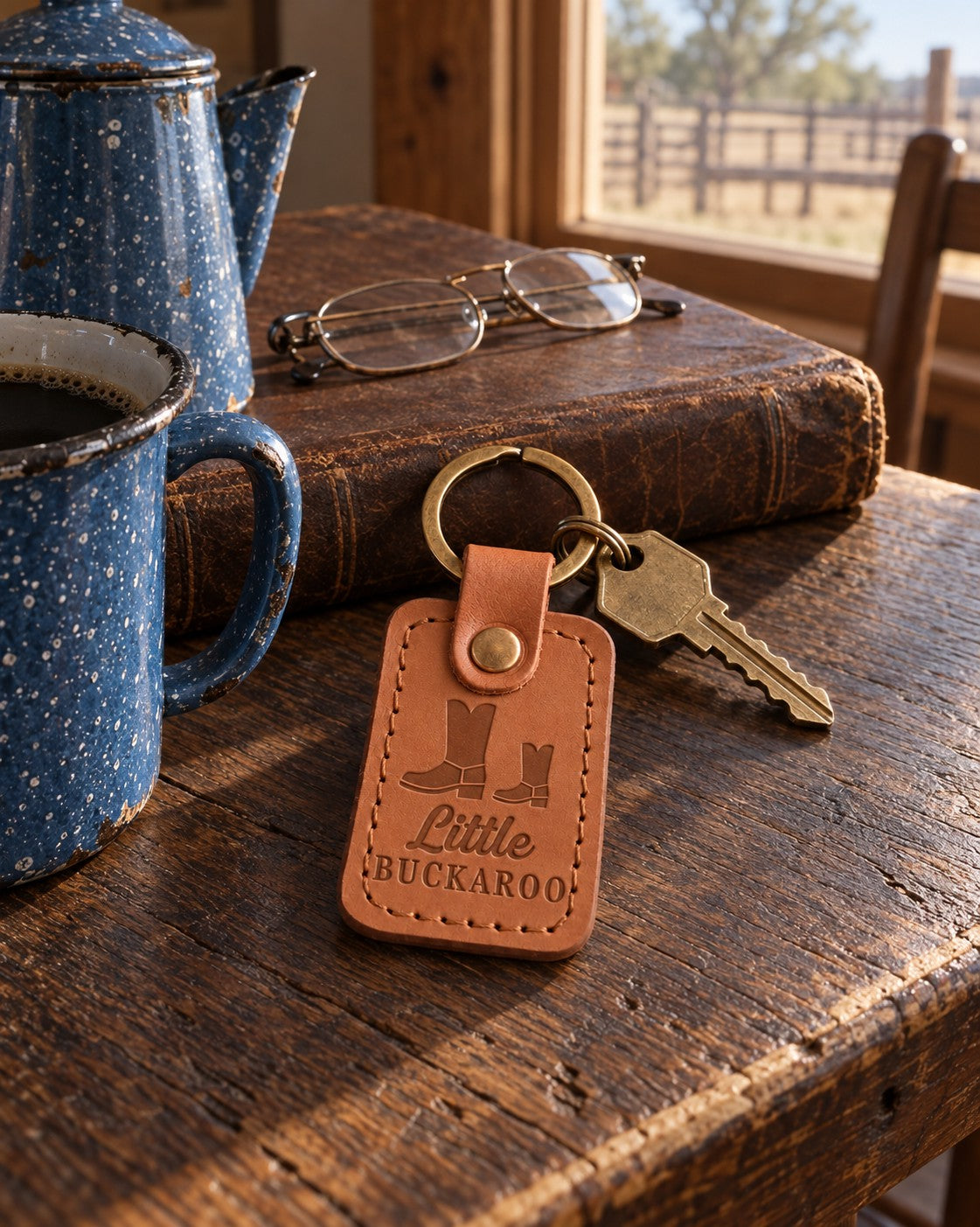Caramel Little BUCKAROO keychain on a dark oak ranch kitchen table beside a speckled enamel coffee pot