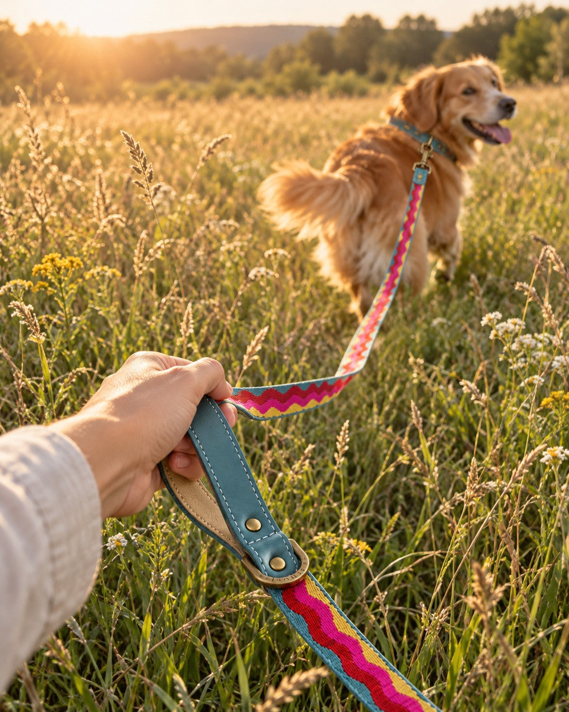 Golden retriever running in a meadow on a Summer Waves woven webbing long line held by its leather handle
