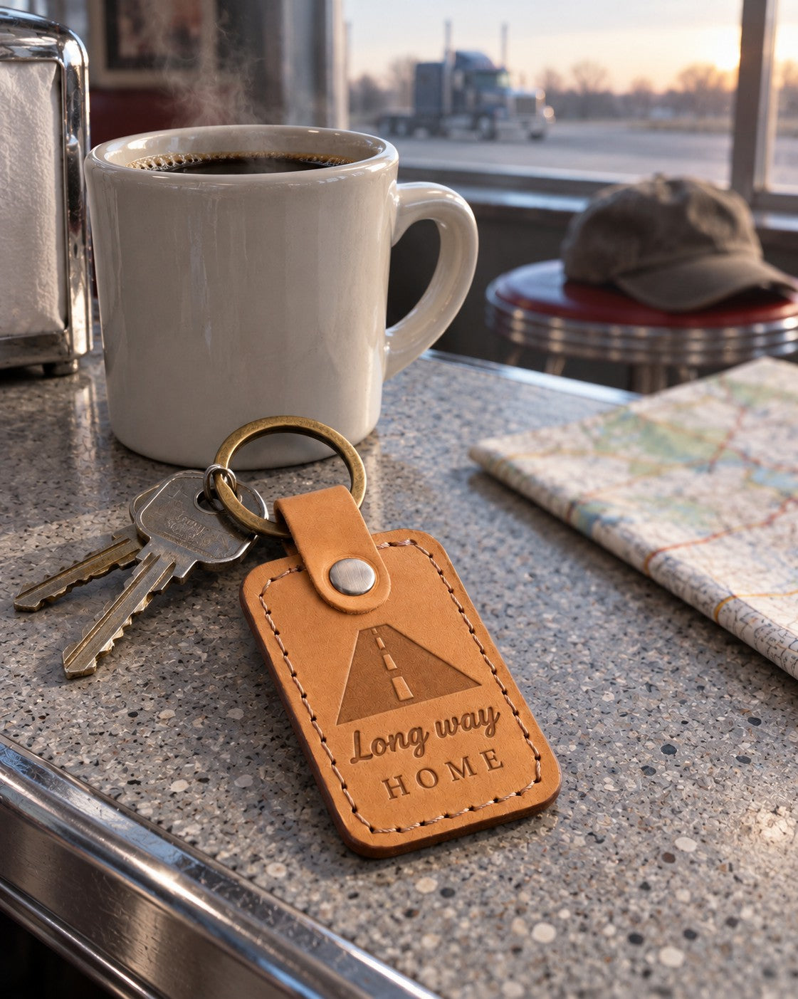 Tan Long way HOME keychain on car keys on the dashboard during a road trip