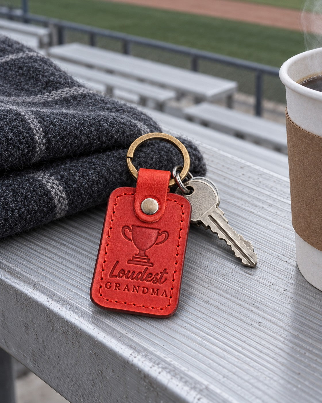 Red Loudest Grandma keychain on a grandmother's keys beside a stadium cushion in the bleachers