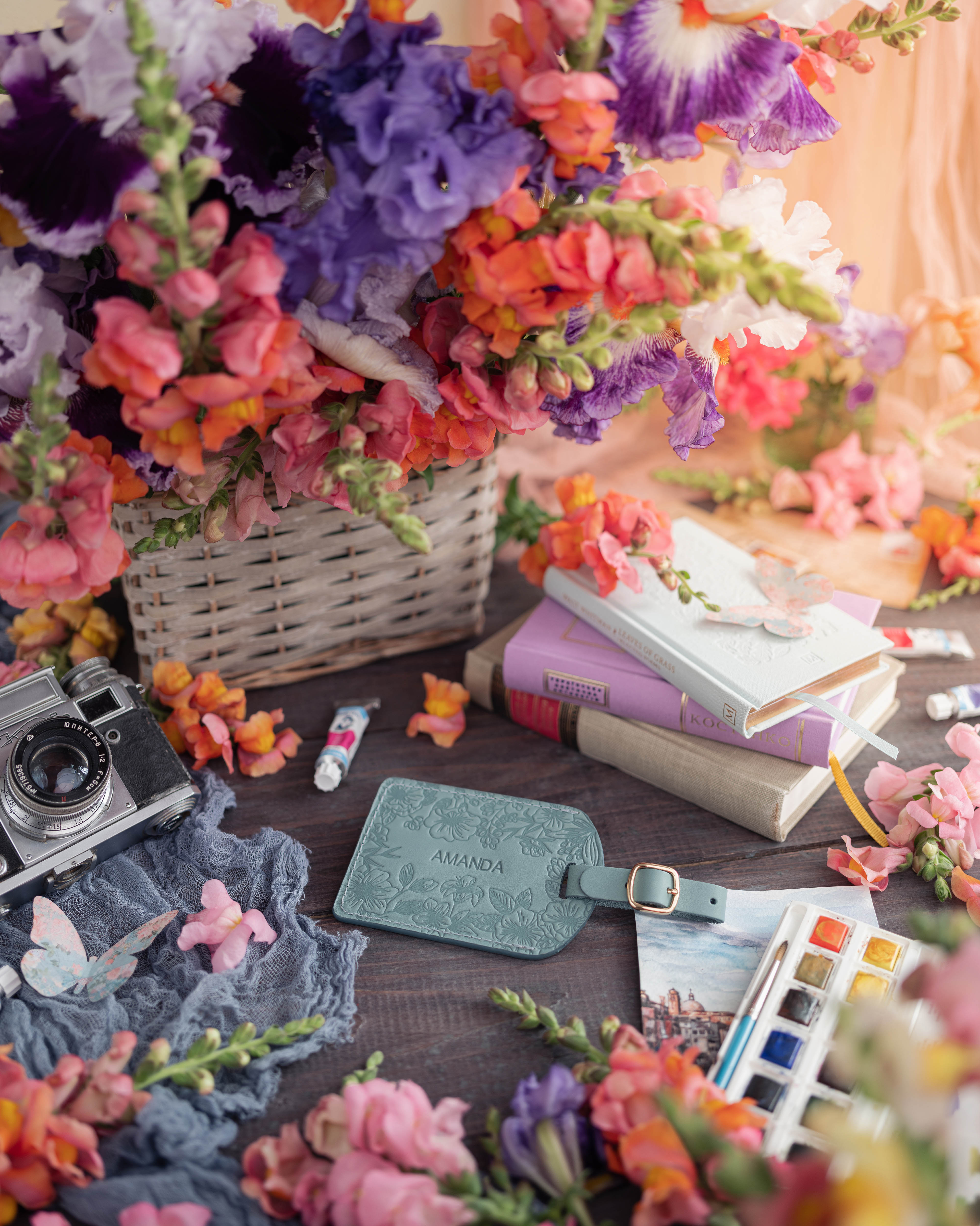 Floral Name Luggage Tag in Turquoise Leather