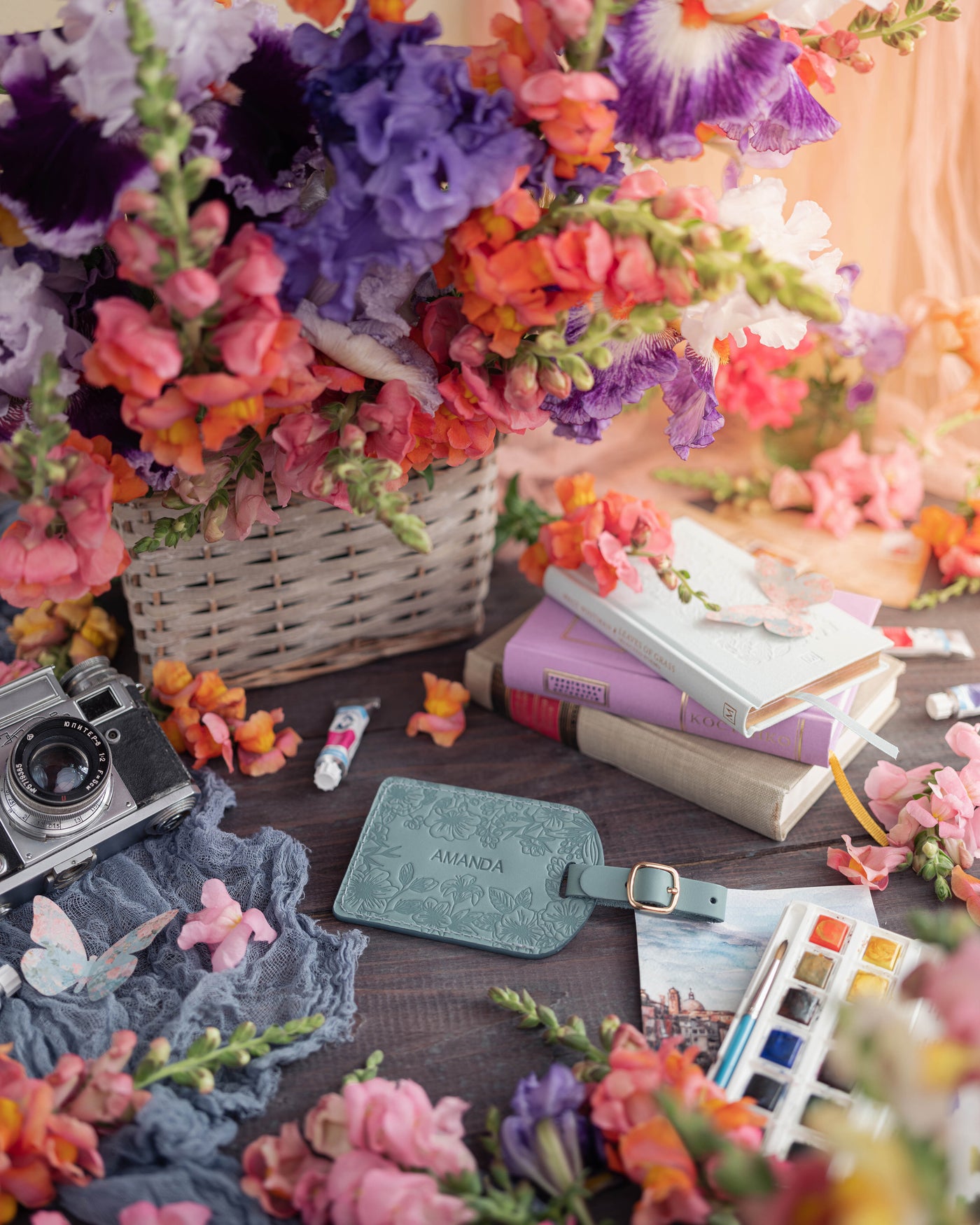 Floral Name Luggage Tag in Turquoise Leather with hand-finished detailing