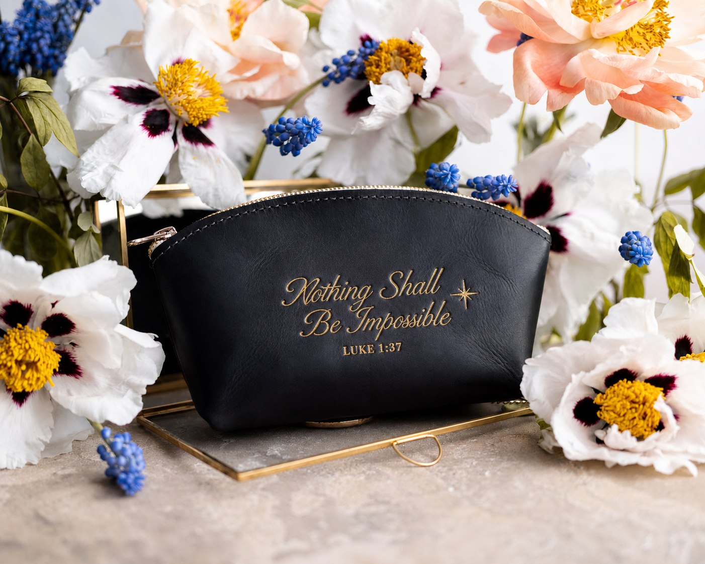 Nothing Shall Be Impossible Luke 1:37 full-grain leather makeup bag, Christian scripture gift