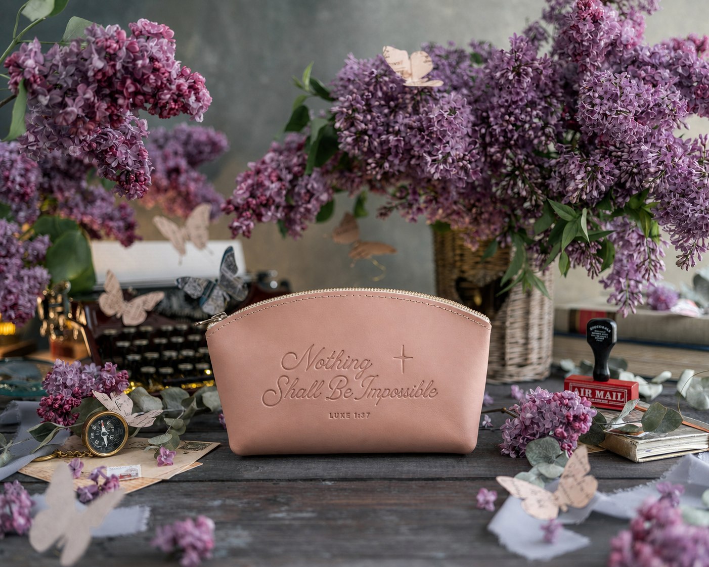 Nothing Shall Be Impossible Luke 1:37 Blush full-grain leather makeup bag, Christian scripture gift