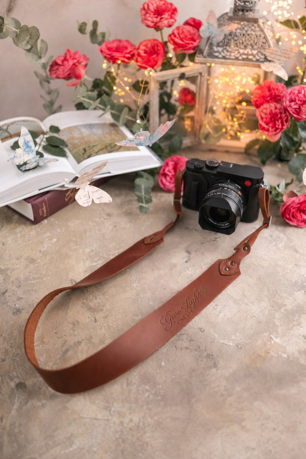Give Light Luke 1:79 Arizona full-grain leather camera strap, Christian scripture gift