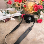 Give Light Luke 1:79 Black full-grain leather camera strap, Christian scripture gift