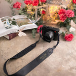 Give Light Luke 1:79 Blueberry full-grain leather camera strap, Christian scripture gift