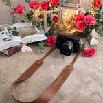 Give Light Luke 1:79 Caramel full-grain leather camera strap, Christian scripture gift