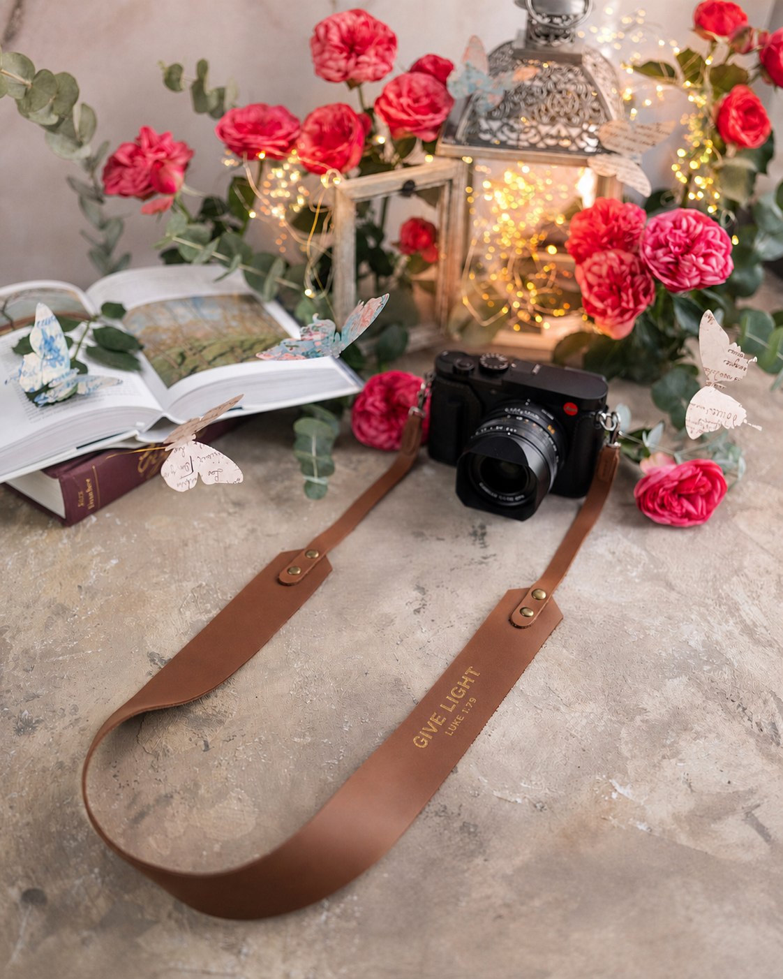 Give Light Luke 1:79 Caramel full-grain leather camera strap, Christian scripture gift
