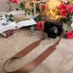 Give Light Luke 1:79 Caramel full-grain leather camera strap, Christian scripture gift
