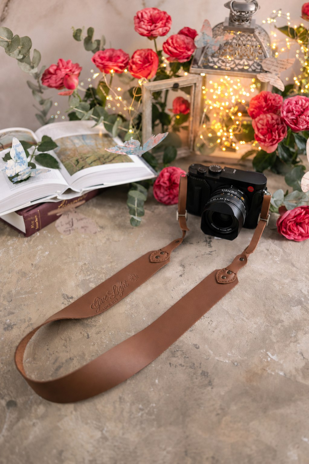 Give Light Luke 1:79 Caramel full-grain leather camera strap, Christian scripture gift