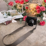 Give Light Luke 1:79 Country Gray full-grain leather camera strap, Christian scripture gift