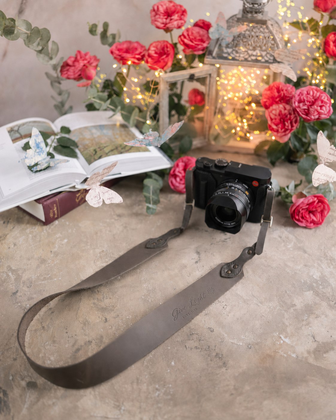 Give Light Luke 1:79 Country Gray full-grain leather camera strap, Christian scripture gift