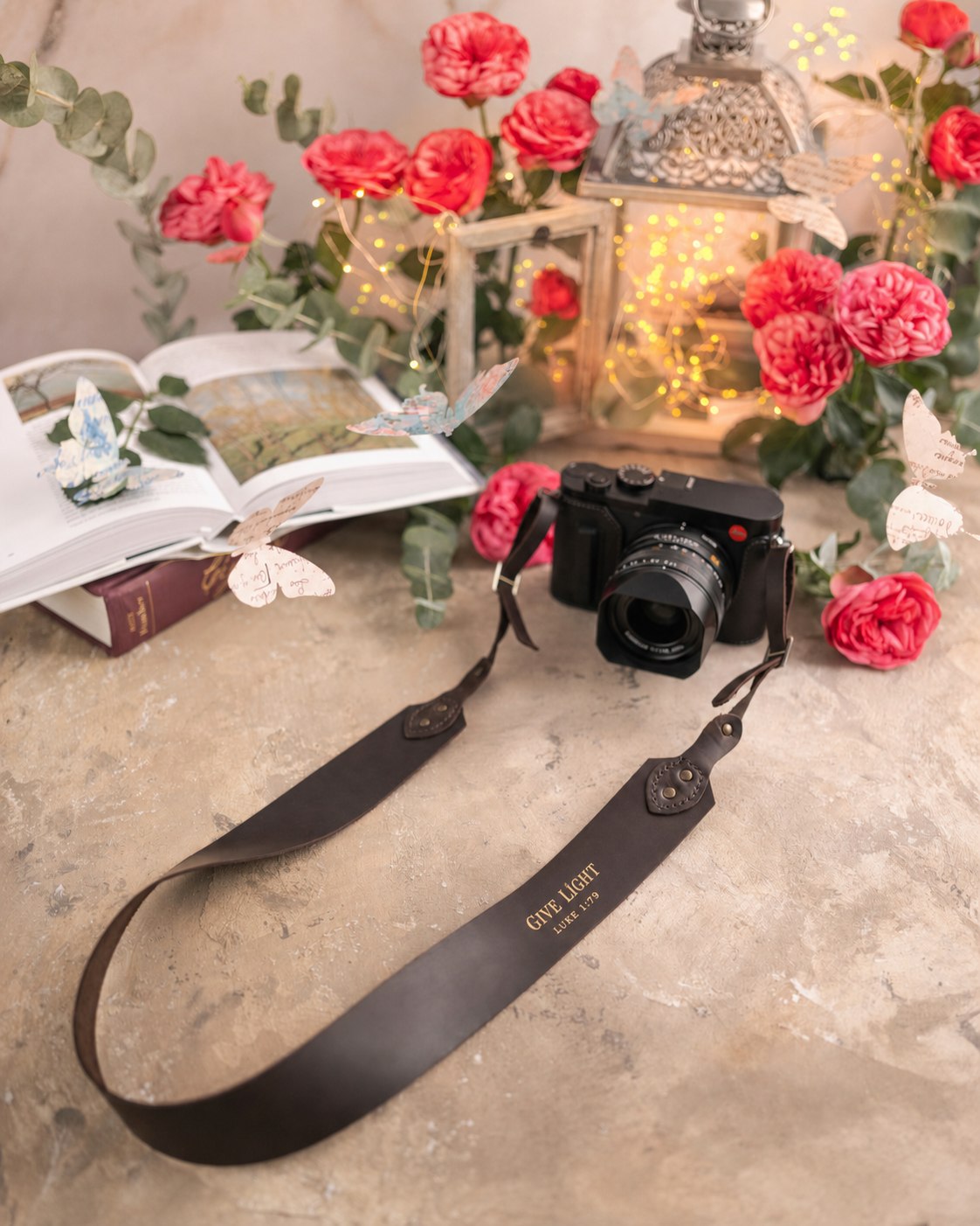 Give Light Luke 1:79 Dark Espresso full-grain leather camera strap, Christian scripture gift