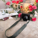 Give Light Luke 1:79 Forest Green full-grain leather camera strap, Christian scripture gift