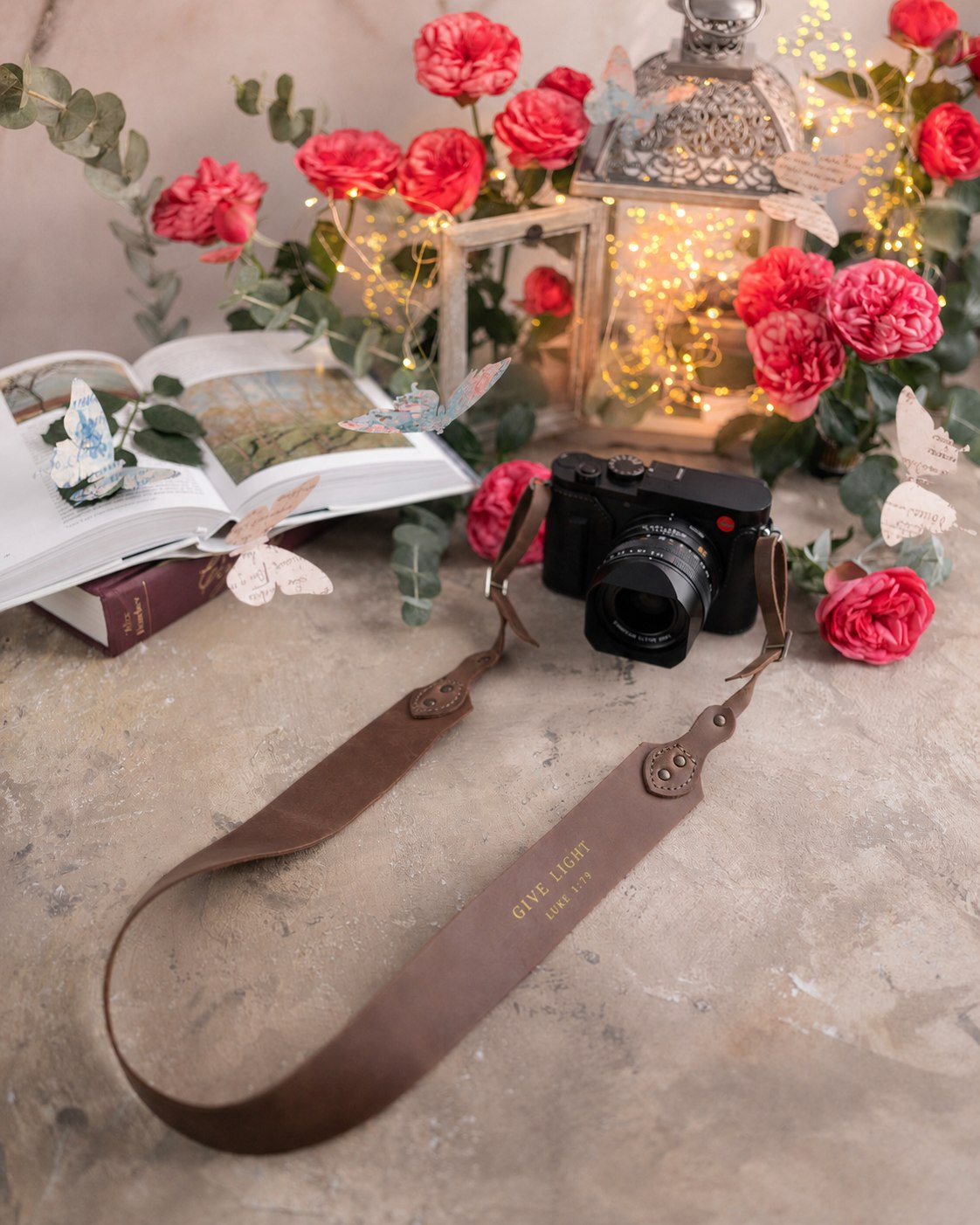 Give Light Luke 1:79 Sicilian Brown full-grain leather camera strap, Christian scripture gift