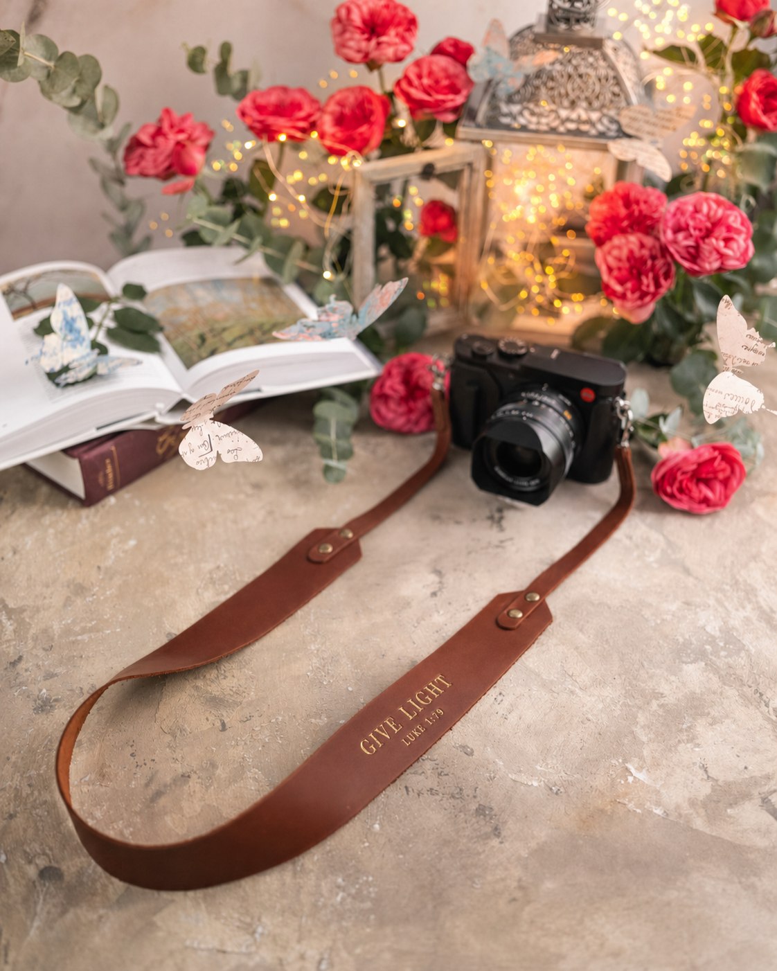 Give Light Luke 1:79 full-grain leather camera strap, Christian scripture gift
