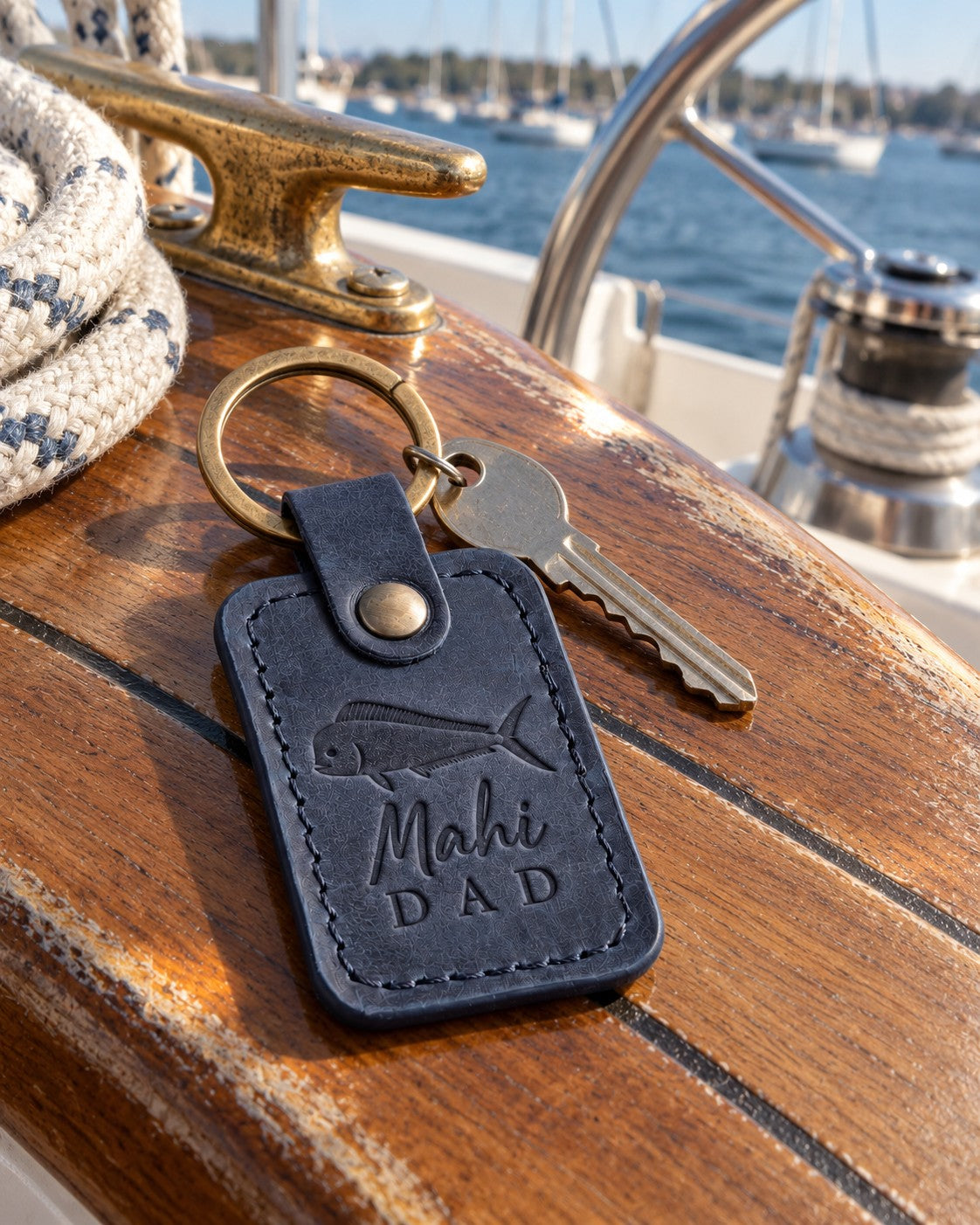 Blueberry Mahi DAD keychain in full-grain leather on the worn teak cockpit table of a sailboat beside a coiled white dock line