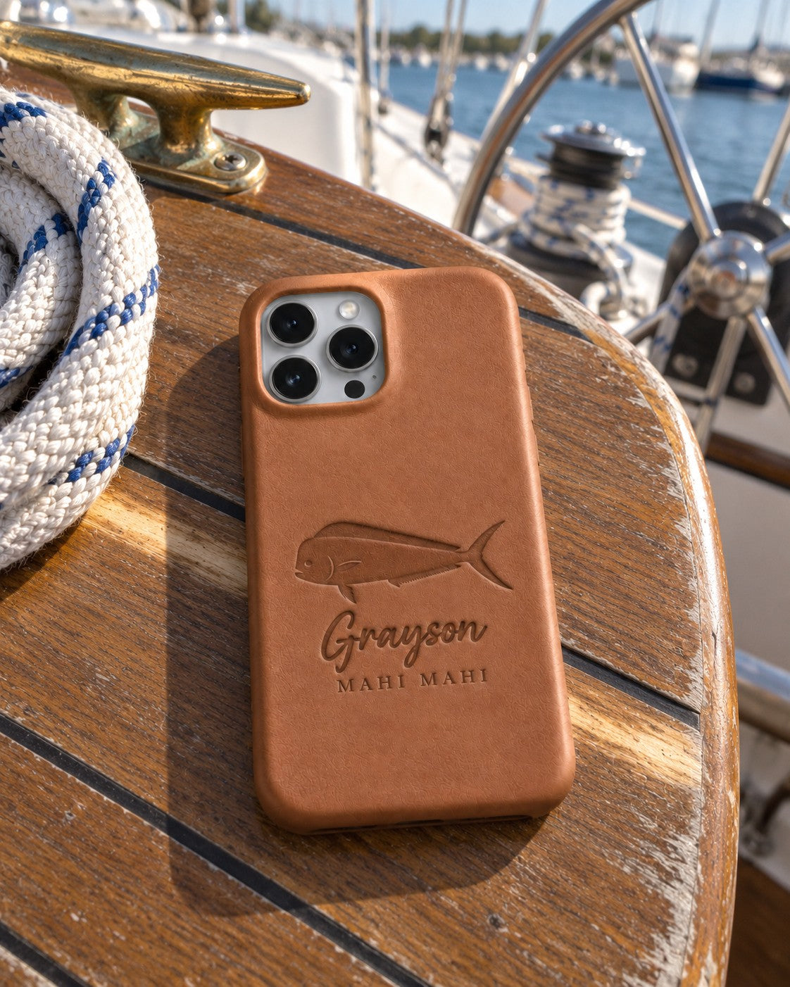 Caramel Grayson MAHI MAHI iPhone case in full-grain leather on the worn teak cockpit table of a sailboat beside a coiled white dock line