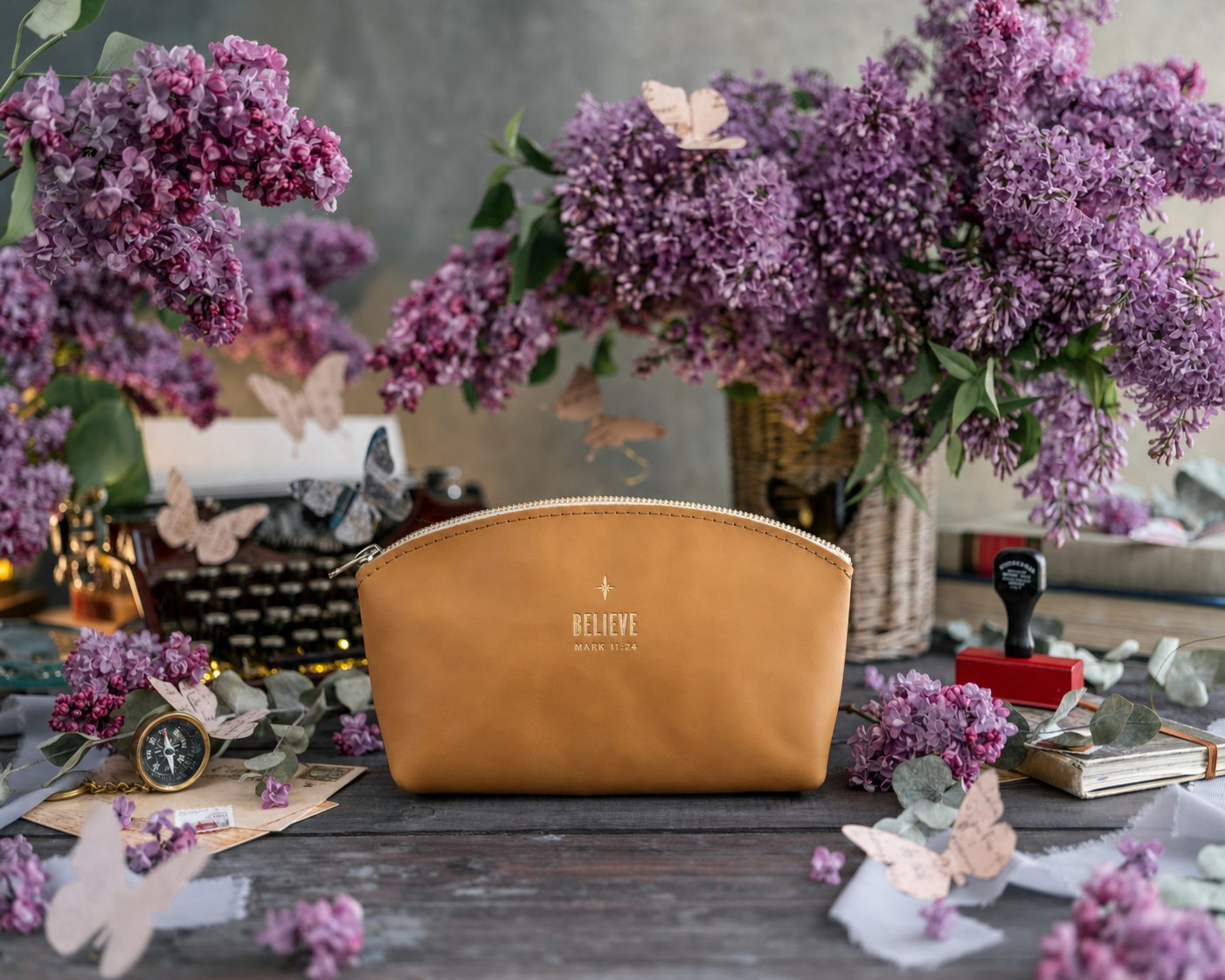Believe Mark 11:24 full-grain leather makeup bag, Christian scripture gift