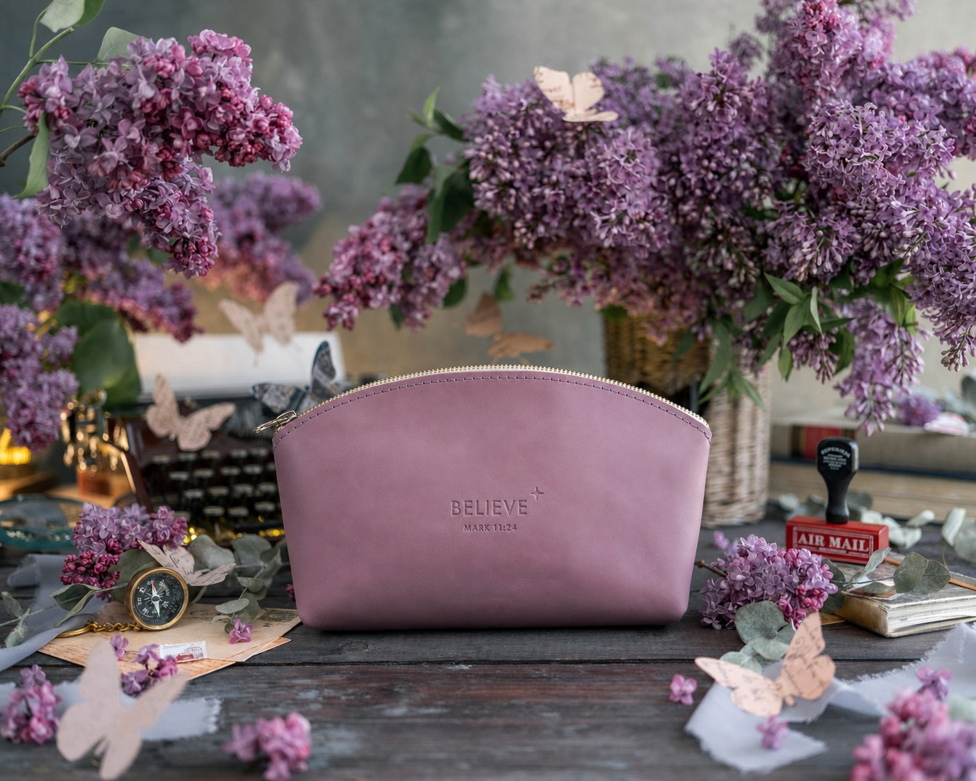 Believe Mark 11:24 Lilac full-grain leather makeup bag, Christian scripture gift