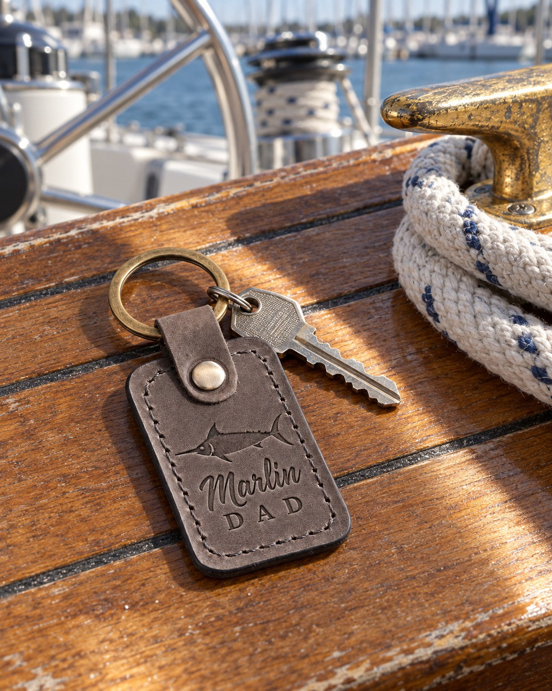 Country gray Marlin DAD keychain in full-grain leather on the worn teak cockpit table of a sailboat beside a coiled white dock line
