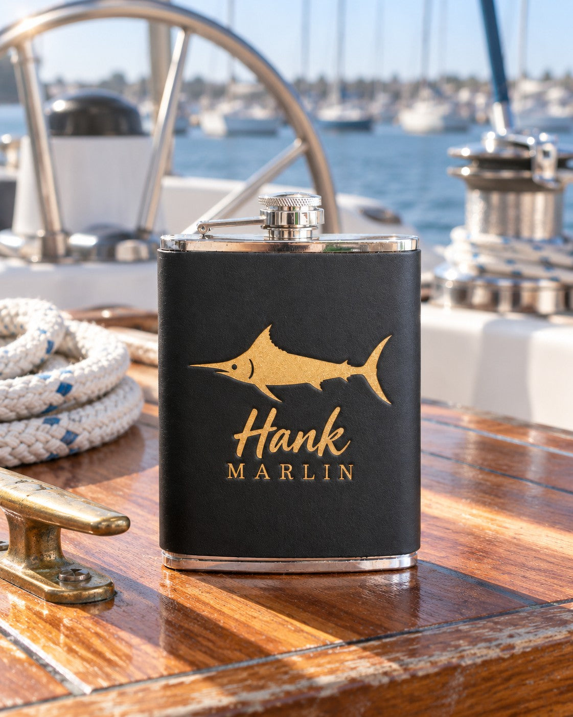 Black and gold foil Hank MARLIN hip flask on the worn teak cockpit table of a sailboat beside a coiled white dock line