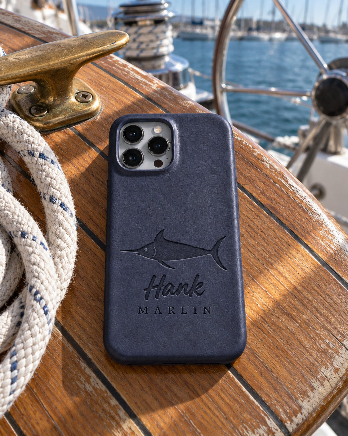 Blueberry Hank MARLIN iPhone case in full-grain leather on the worn teak cockpit table of a sailboat beside a coiled white dock line