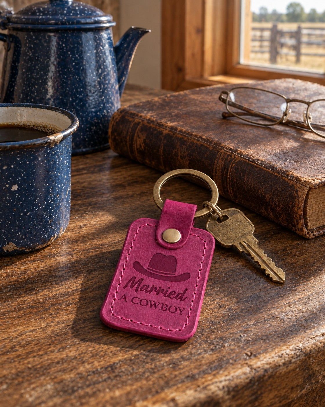 Fuchsia Married A COWBOY keychain on a dark oak ranch kitchen table beside a speckled enamel coffee pot and a chipped mug